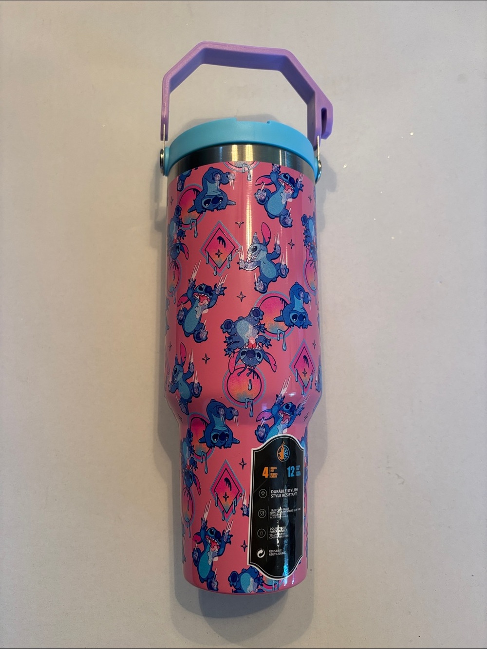 Disney Pink & Blue Stitch Stainless Travel Tumbler with Purple Handle